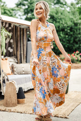 Orange Boho Floral Backless Lace up Sleeveless Maxi Dress Dresses JT's Designer Fashion