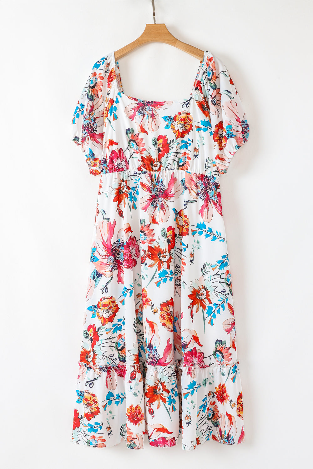 White Floral Square Neck Puff Sleeve Flowy Plus Size Midi Dress Plus Size Midi Dresses JT's Designer Fashion