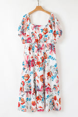 White Floral Square Neck Puff Sleeve Flowy Plus Size Midi Dress Plus Size Midi Dresses JT's Designer Fashion