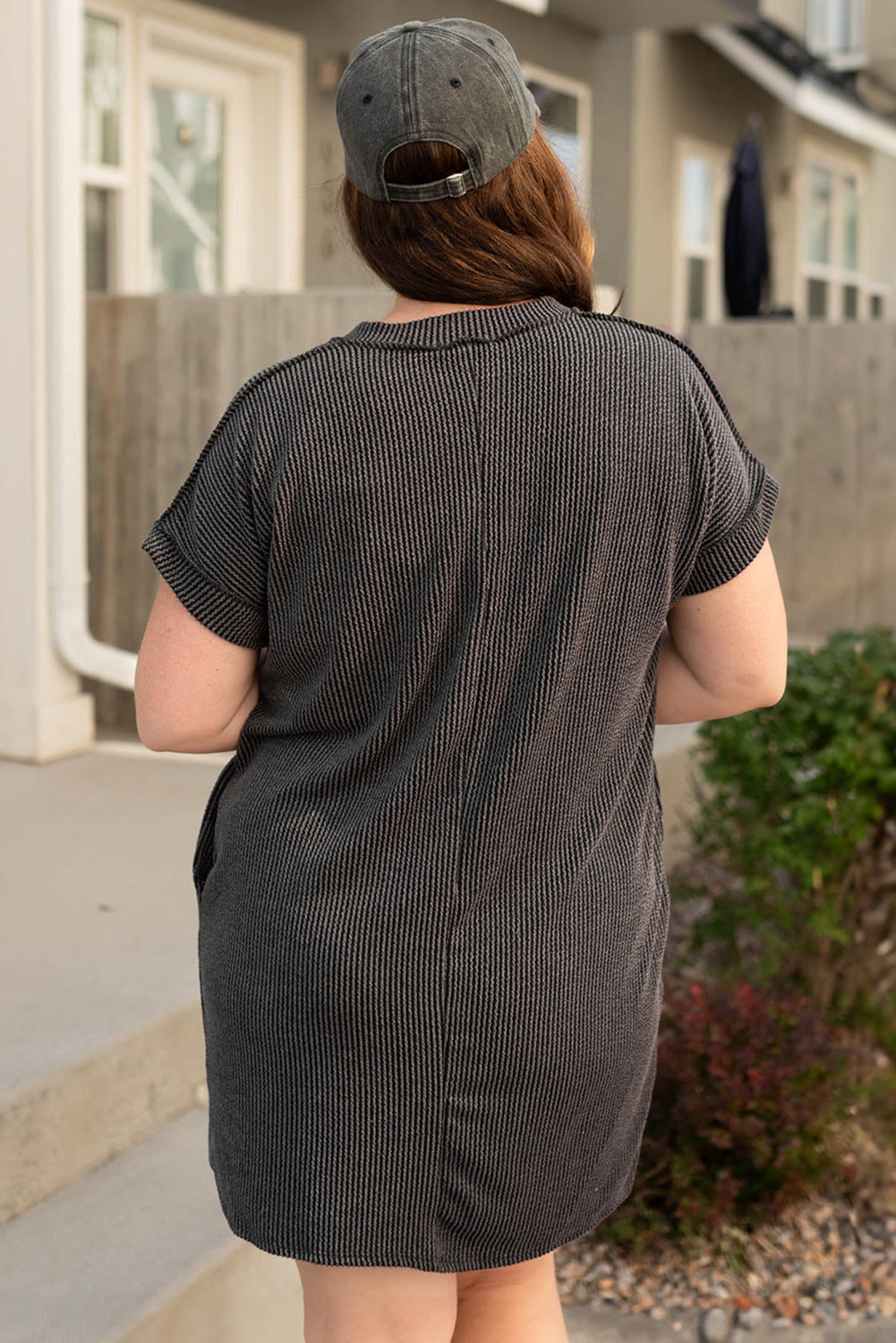 Carbon Grey Corded V Neck Plus Size T Shirt Dress with Pockets Plus Size Mini Dresses JT's Designer Fashion