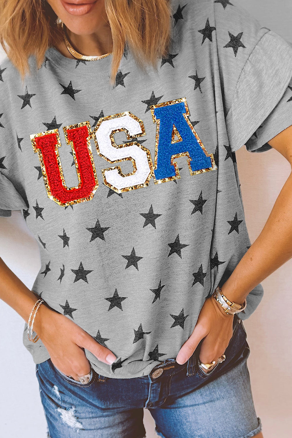 Gray USA Letter Patched Star Printed Ruffle Trim Sleeves Loose Tee Graphic Tees JT's Designer Fashion