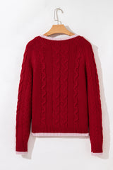 Racing Red Color Contrast Edge Cable Knit Buttoned Cardigan Cardigans JT's Designer Fashion