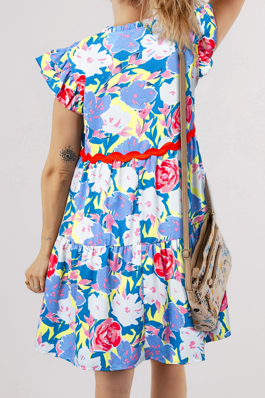 Sky Blue Floral Printed V Notched Ric Rac Flutter Sleeve Dress Floral Dresses JT's Designer Fashion