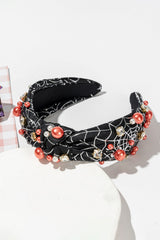 Black Pearled Rhinestone Knotted Spiderweb Halloween Headband Headwear JT's Designer Fashion