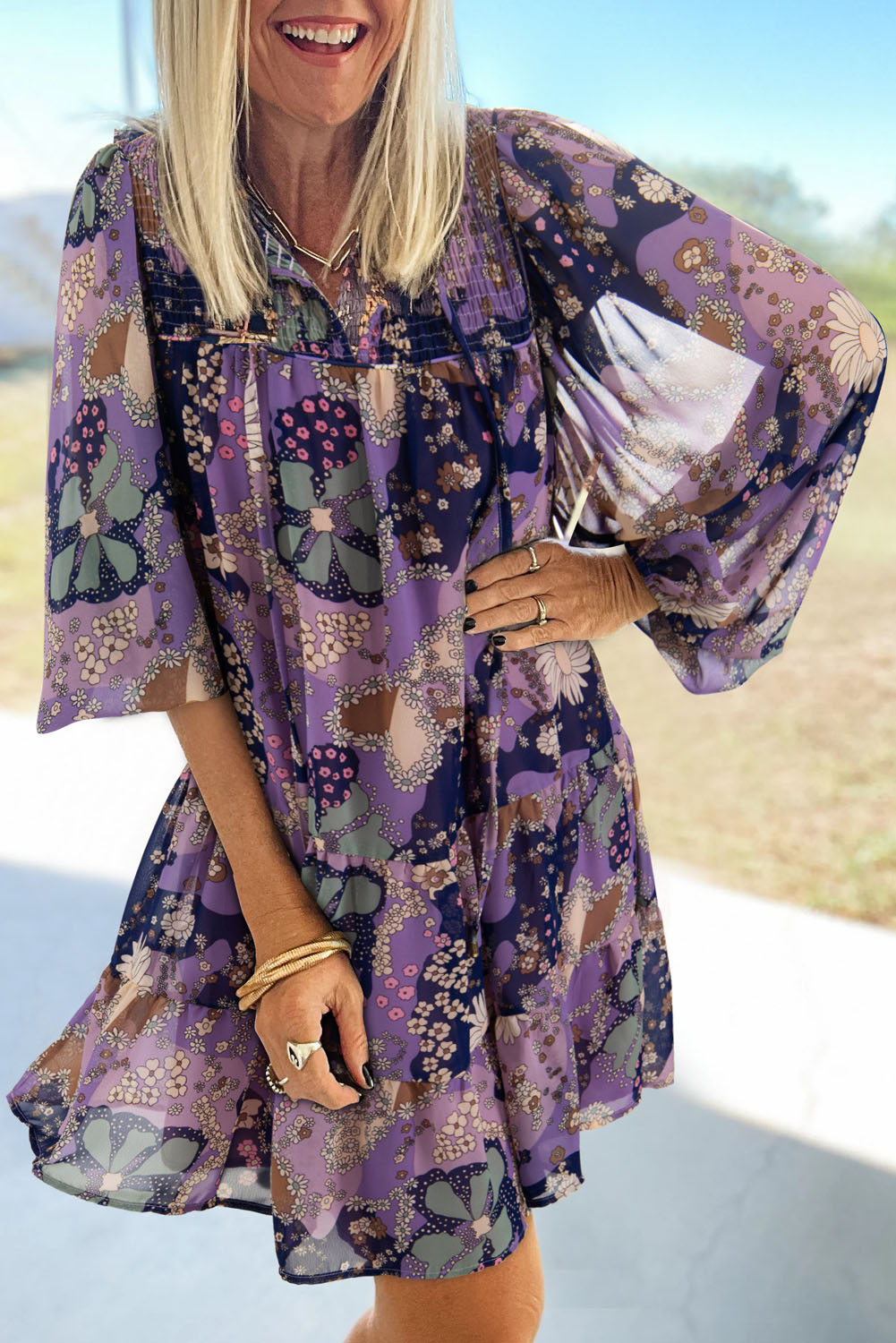 Purple Vintage Daisy Floral Puff Sleeve Ruffle Short Dress Floral Dresses JT's Designer Fashion