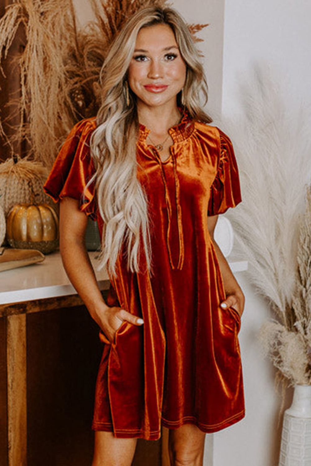 Cinnamon Velvet Smocked Neckline Puff Sleeve Shift Mini Dress Mini Dresses JT's Designer Fashion