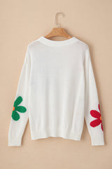 White Colorful Big Flower Pattern Crewneck Sweater Sweaters JT's Designer Fashion