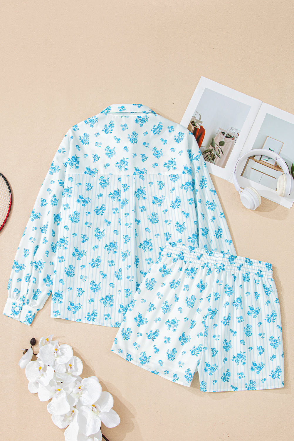 Sky Blue Floral Striped Print Contrast Patched Pocket Shirt and Shorts Set Short Sets JT's Designer Fashion