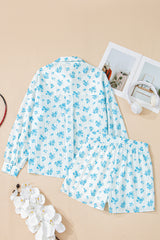 Sky Blue Floral Striped Print Contrast Patched Pocket Shirt and Shorts Set Short Sets JT's Designer Fashion