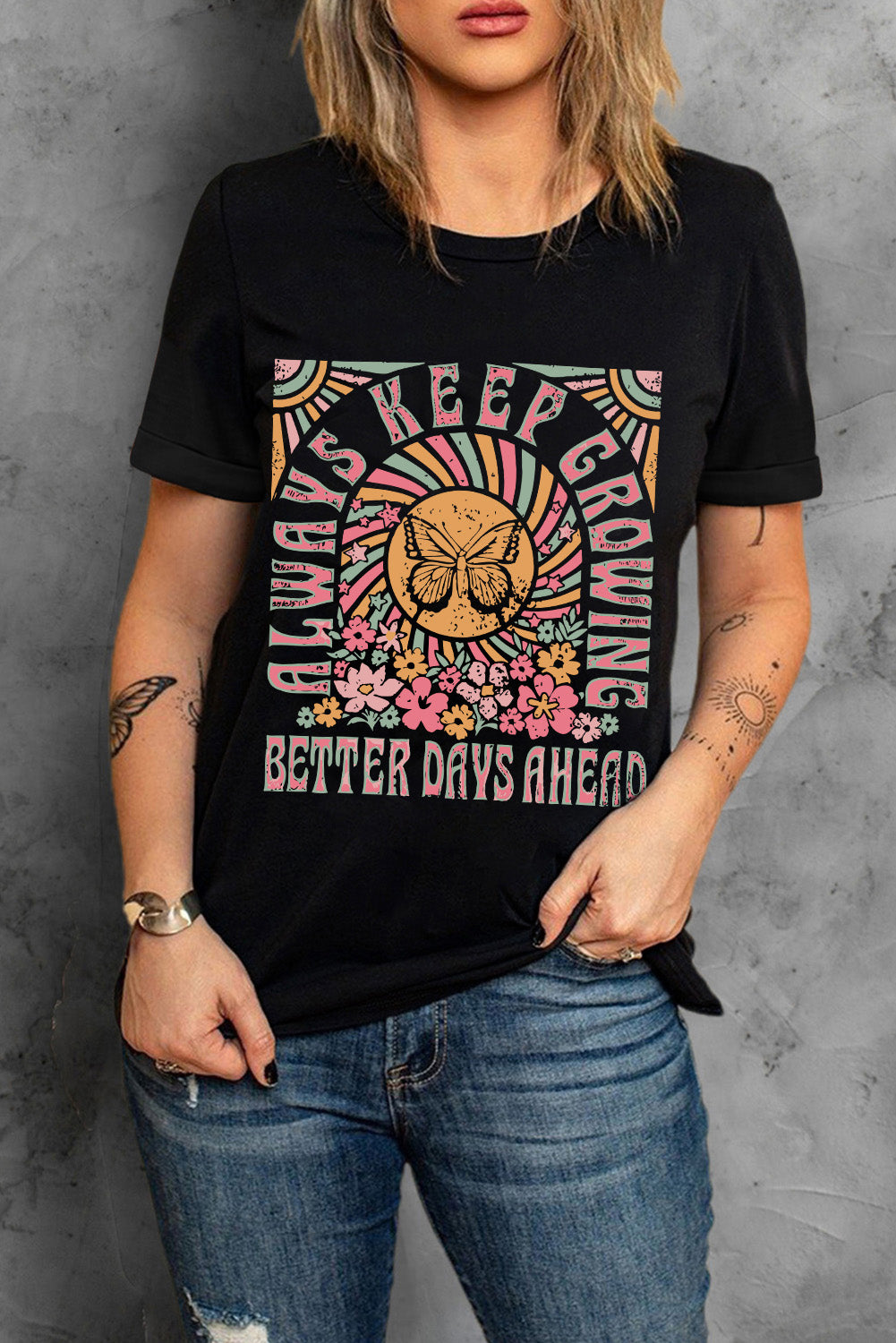 Black Always Keep Growing Butterfly Flower Crewneck Graphic Tee Graphic Tees JT's Designer Fashion