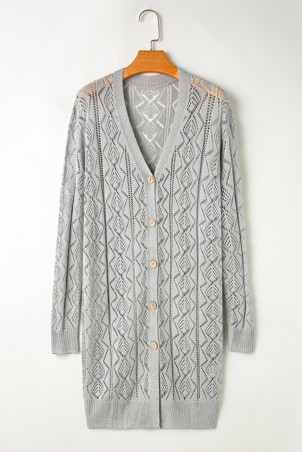 Gray Hollow Out Buttons Front Long Cardigan Cardigans JT's Designer Fashion