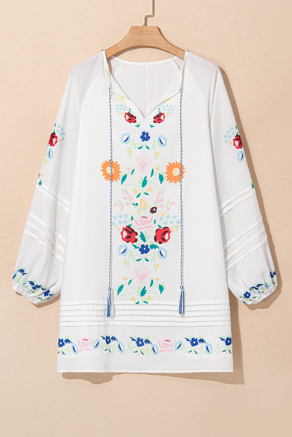 White Floral Print Boho Tassel Tie Split Neck Tucking Detail Puff Sleeve Mini Dress Mini Dresses JT's Designer Fashion