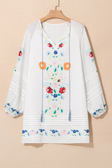 White Floral Print Boho Tassel Tie Split Neck Tucking Detail Puff Sleeve Mini Dress Mini Dresses JT's Designer Fashion