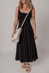 Black Sleeveless Scoop Neck Flared Split Midi Dress Midi Dresses JT's Designer Fashion