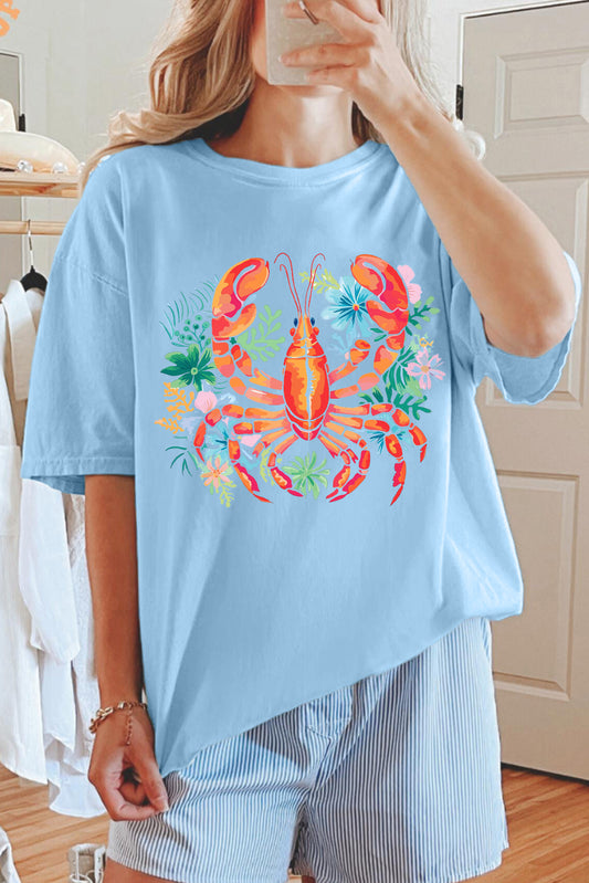 Light Blue Floral Summer Lobster Graphic Tee Graphic Tees JT's Designer Fashion