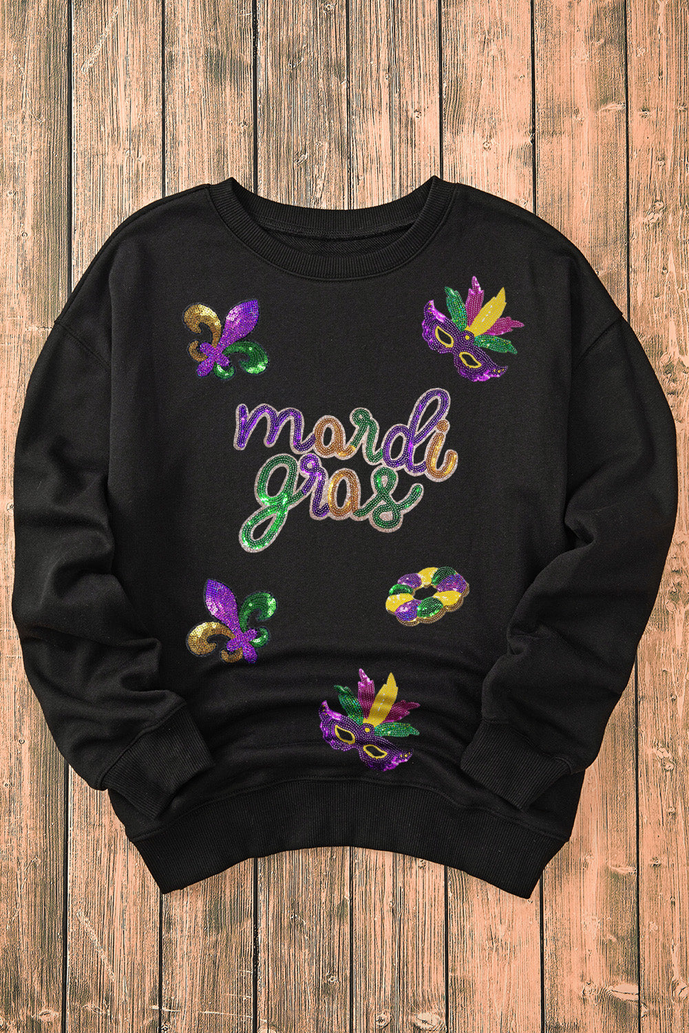 Black Sequin mardi gras Fleur de Lis Graphic Pullover Sweatshirt Graphic Sweatshirts JT's Designer Fashion