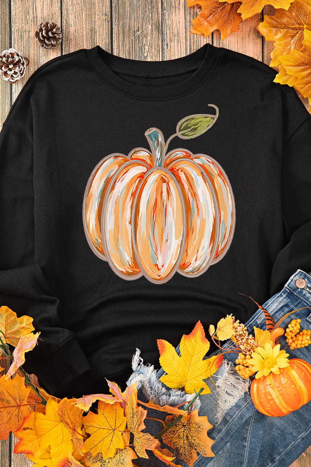 Black Thanksgiving Pumpkin Graphic Drop Shoulder Sweatshirt Graphic Sweatshirts JT's Designer Fashion
