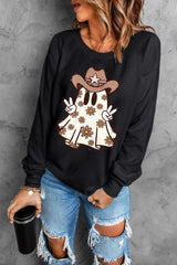 Black Halloween Floral Ghost Print Pullover Graphic Sweatshirt Graphic Sweatshirts JT's Designer Fashion