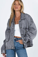Gray Chest Pockets Drop Shoulder Loose Denim Jacket Denim Jackets JT's Designer Fashion