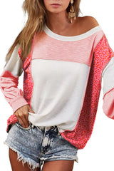 Peach Blossom Leopard Colorblock Patchwork Exposed Seam Top Long Sleeve Tops JT's Designer Fashion