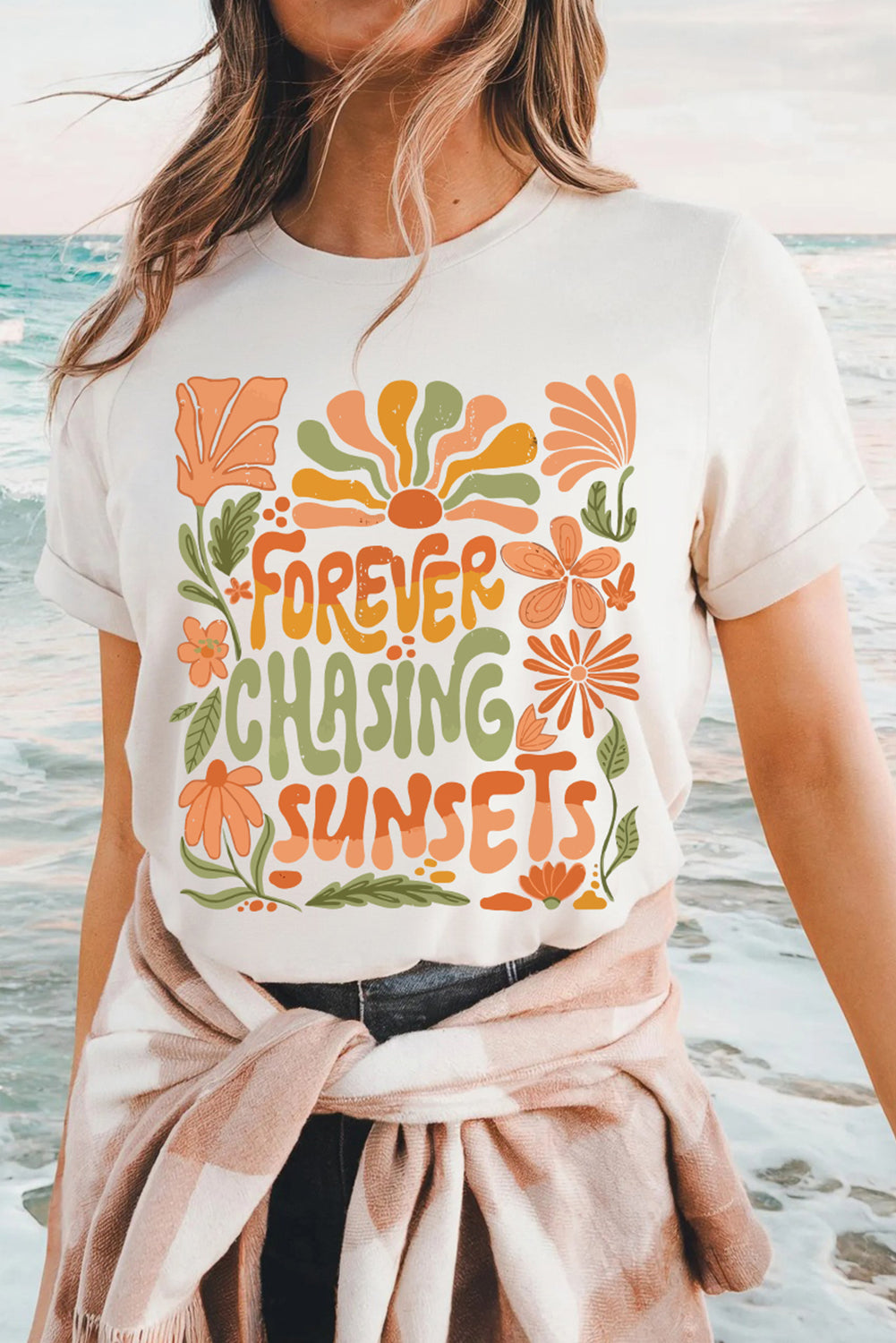 White FOREVER CHASING SUNSETS Floral Print T Shirt Graphic Tees JT's Designer Fashion