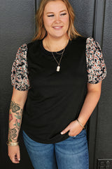 Black Daisy Printed Bubble Sleeve Plus Size Tunic Top Plus Size JT's Designer Fashion