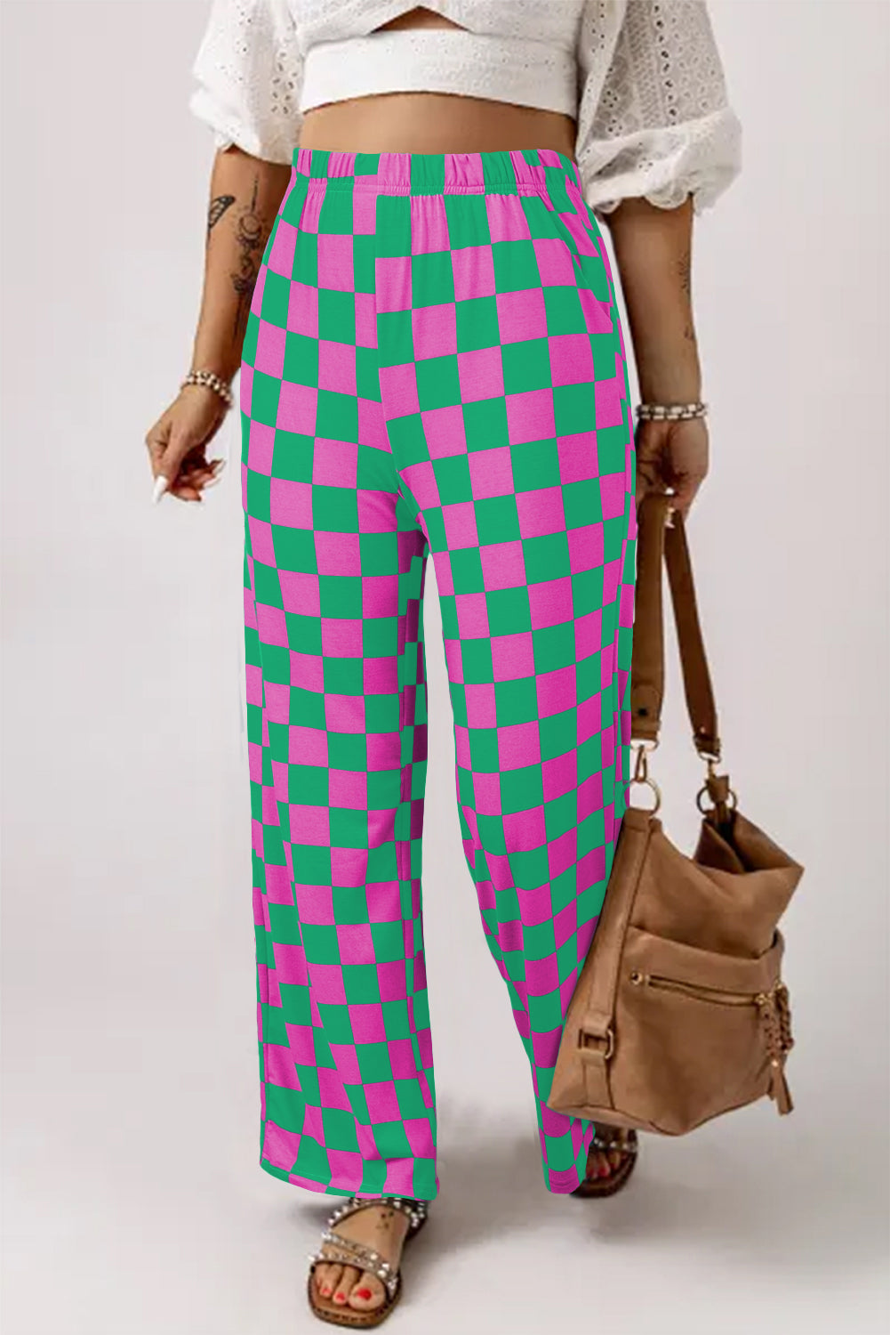 Green 2-Tone Checked Print High Waist Wide Leg Pants Pants & Culotte JT's Designer Fashion