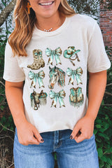 White Horse Bowknot Cowgirl Fashion Print Crewneck Tee Graphic Tees JT's Designer Fashion