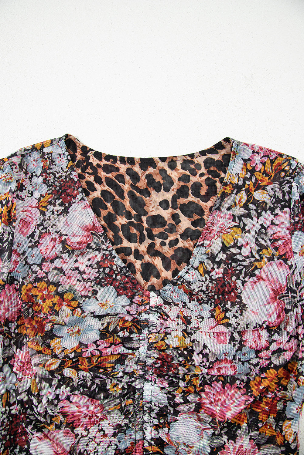 Brown Mesh Leopard Floral Reversible V Neck Short Sleeve Dress Dresses JT's Designer Fashion