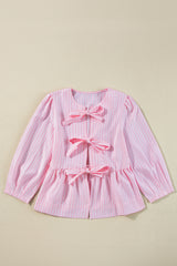 Pink Stripe Bowknot Front Crew Neck Puff Sleeve Blouse Blouses & Shirts JT's Designer Fashion