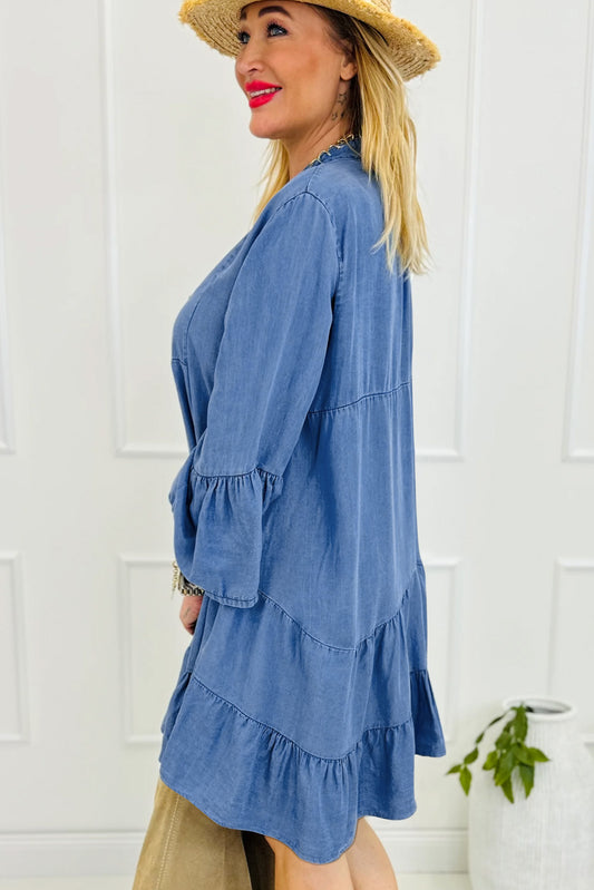 Sky Blue Chambray Ruffled 3/4 Sleeve Tiered Split V Neck Mini Dress Mini Dresses JT's Designer Fashion