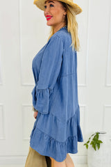 Sky Blue Chambray Ruffled 3/4 Sleeve Tiered Split V Neck Mini Dress Mini Dresses JT's Designer Fashion