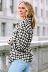 Black Plaid Print Chest Pockets Buttoned Tunic Shacket Plaid Shackets JT's Designer Fashion