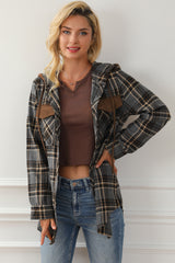 Contrast Hooded Drawstring Plaid Shacket Plaid Shackets JT's Designer Fashion