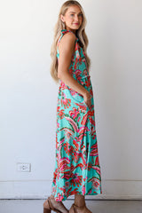 Green Abstract Print Smocked Bodice Knotted Straps Ruffled Long Dress Maxi Dresses JT's Designer Fashion