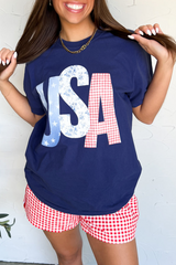 Blue USA Graphic July 4th Crew Neck T Shirt Graphic Tees JT's Designer Fashion