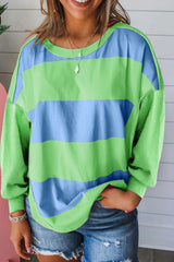 Blue Colorblock Striped Drop Shoulder Loose Top Long Sleeve Tops JT's Designer Fashion