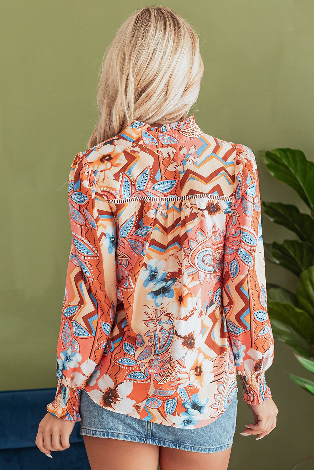 Orange Floral Print Shirred Cuff Buttoned Loose Shirt Blouses & Shirts JT's Designer Fashion
