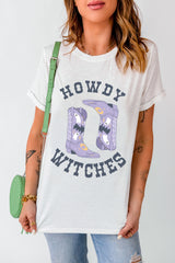 White HOWDY WITCHES Halloween Boots Crewneck T Shirt Graphic Tees JT's Designer Fashion