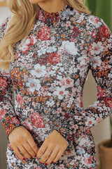 Brown Floral Allover Print Mock Neck Bodycon Long Sleeve Midi Dress Floral Dresses JT's Designer Fashion