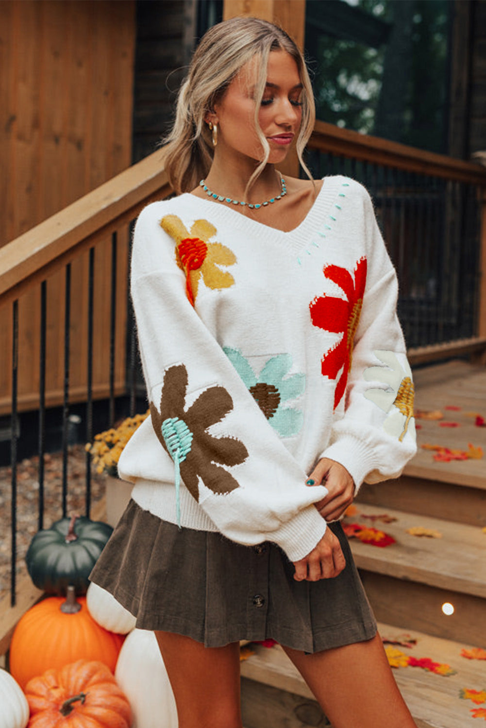 White Big Flower Pattern V Neck Drop Shoulder Sweater Sweaters JT's Designer Fashion