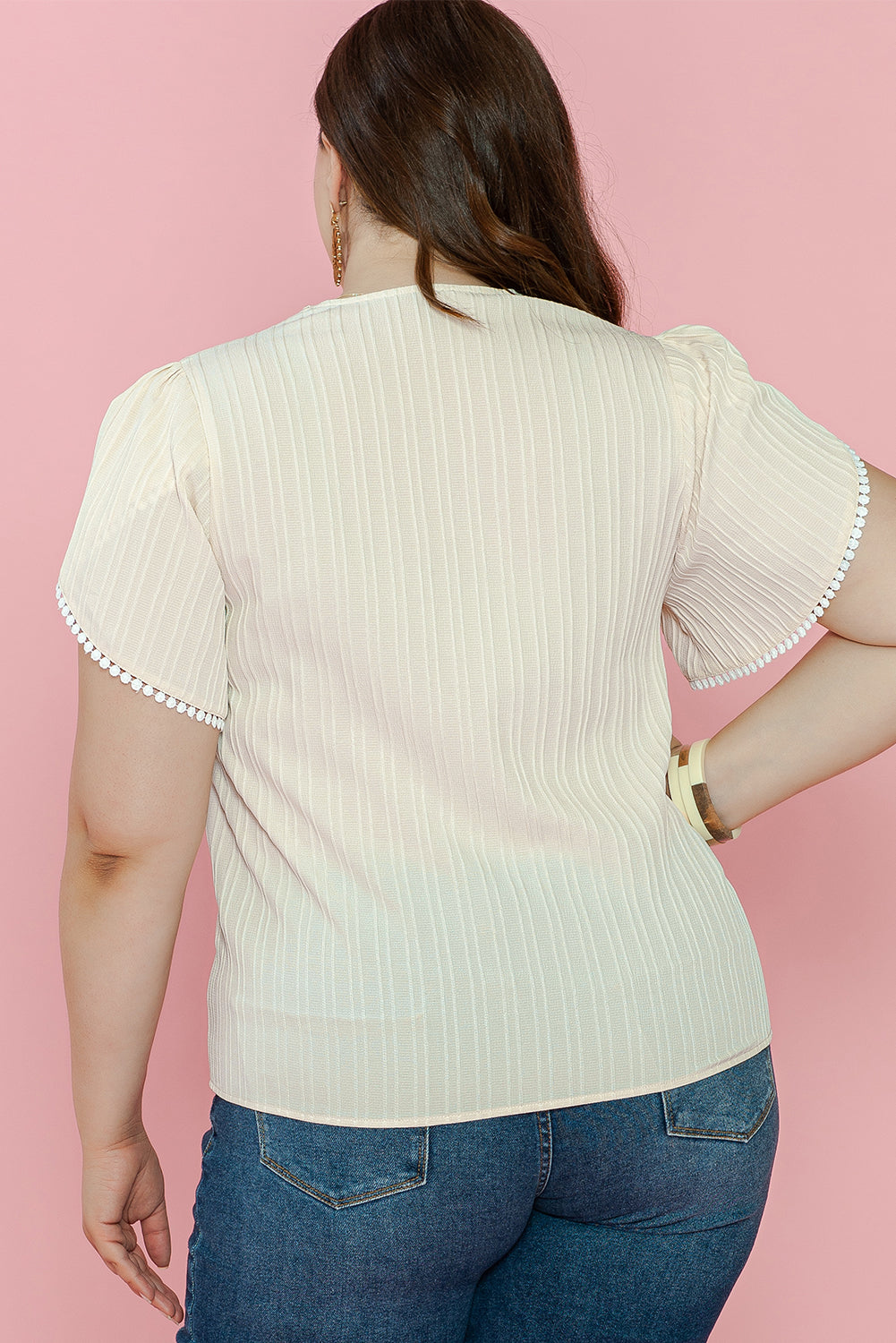 Beige Contrast Embroidered V Neck Wrap Sleeve Textured Plus Blouse Plus Size JT's Designer Fashion