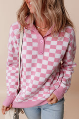 Pink Checkered Buttons Collar V Neck Drop Shoulder Sweater Pink 50%Viscose+28%Polyester+22%Polyamide Sweaters JT's Designer Fashion