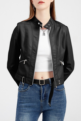 Black Faux Leather Snap Button Stand Neck Zipped Pocket Jacket Black 100%PU Jackets JT's Designer Fashion