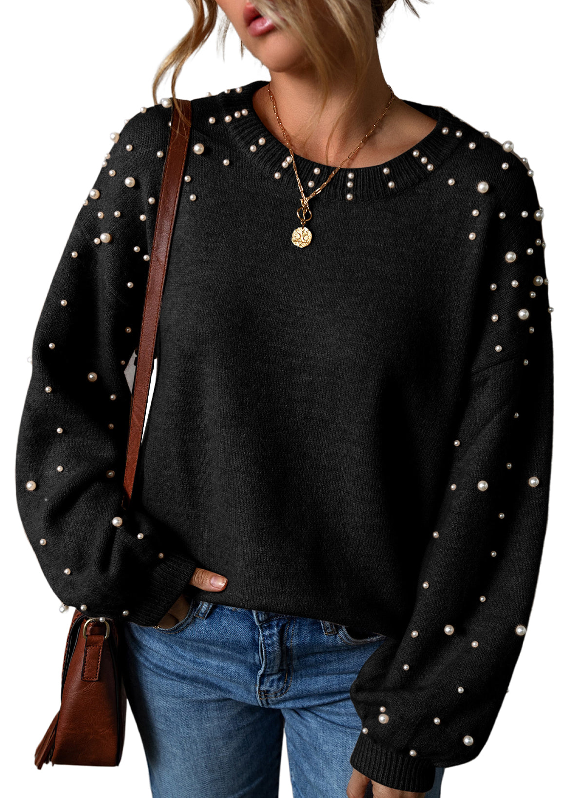 Black Pearled Drop Shoulder Round Neck Sweater Sweaters JT's Designer Fashion