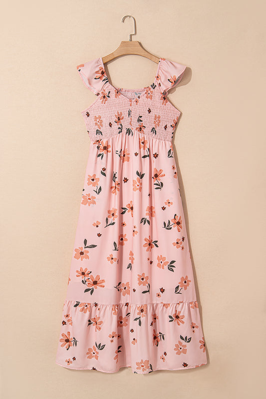Pink Floral V Neck Smocked High Waist Ruffle Hem Long Dress Maxi Dresses JT's Designer Fashion