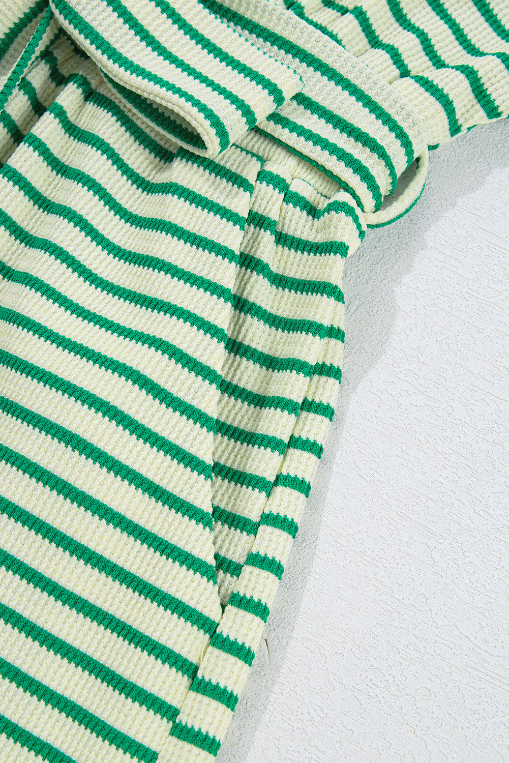 Green Stripe Textured Short Sleeve Collared Buttoned Waist Tie Romper Jumpsuits & Rompers JT's Designer Fashion