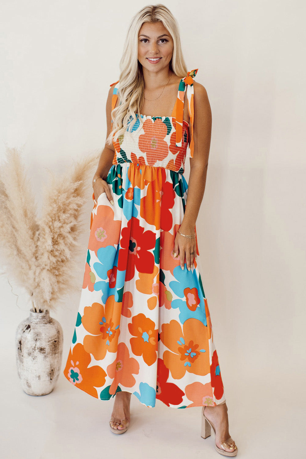 Orange Floral Self Tied Straps Smocked Bust Maxi Dress Floral Dresses JT's Designer Fashion