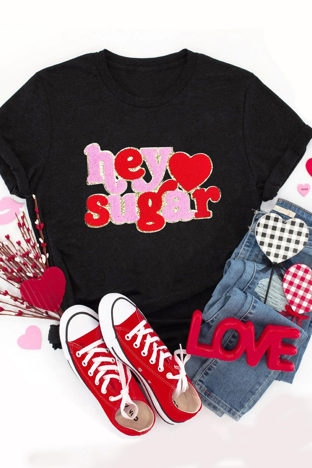 Black Chenille Heart hey sugar Patched Crewneck Valentines Tee Graphic Tees JT's Designer Fashion
