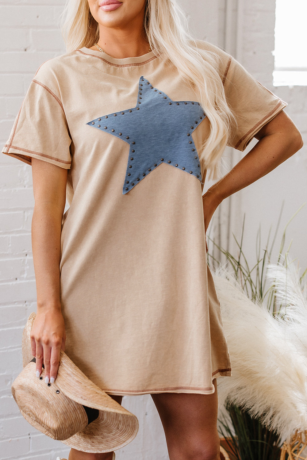 Pale Khaki Mineral Wash Stud Beaded Star Graphic Pocketed T Shirt Dress T Shirt Dresses JT's Designer Fashion